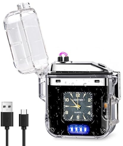 Mechero Electrico, Encendedor Electrónico, Mechero USB con Reloj, Iluminación LED, Mechero Electrico Plasma sin Llama Cortaviento y Protección contra el Agua (Negro)