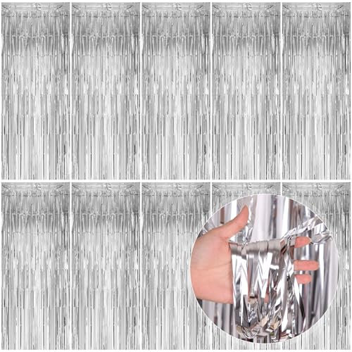 10 Stück Lametta Vorhang Silber, 1x2M Glitzer Vorhang Geburtstag, Lametta Vorhänge Hintergrund Silber, Glitzer Tinsel Curtains Folienfransen Vorhang für Festivals, Party, Hochzeitsdekoration
