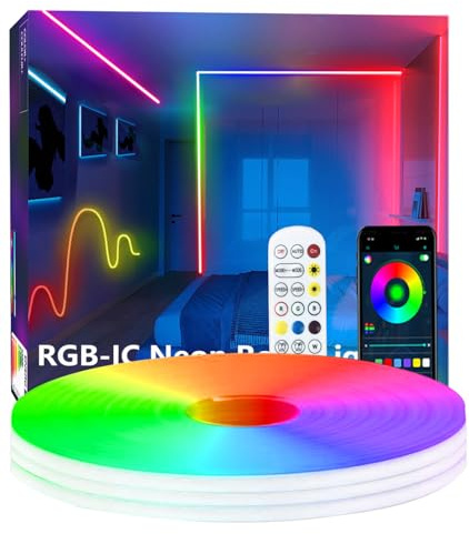 httpsmp 5M RGB+IC Neon Strip Lights, Led Streifen mit APP/Fernbedienung, Musik Sync, 24V IP65 Outdoor Wasserdichte Flexible Leiste
