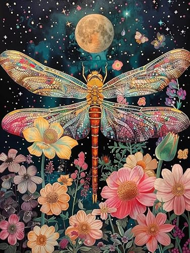 Bimkole 5D Diamond Paintinger För Vuxna Trollslända Blomma, Full Borrmålning Gör-det-själv Strass Broderi Set Färg Med Diamanter Kit Djur Korsstygn Hem Vägg Hantverk Dekoration 30x40cm