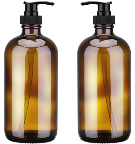 Hejo 2 Pcs Amber Glass Soap Dispenser, 500ml Reusable Hand and Dish Soap Dispenser, Versatile Pump Bottle Dispenser, Shampoo and Conditioner Dispenser with Plastic Pump for Bathroom Kitchen Countertop