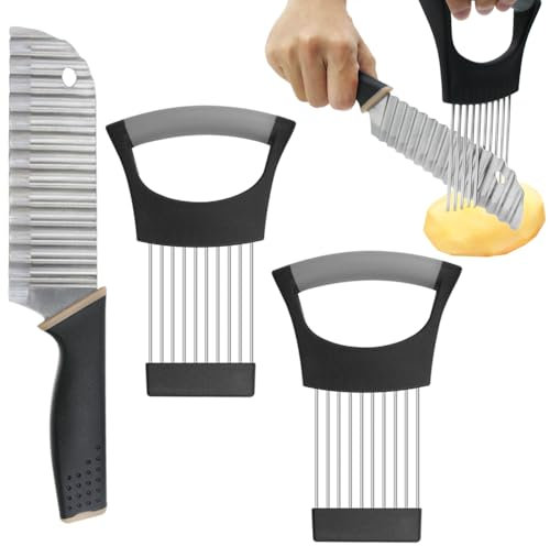 YuCool Onion Slicer Holder, Stainless Steel Potato Wave Knife,French Fry Crinkle Cutter, Veggie Chopper,All-in-one Onion Holder Stainless Steel Onion Fork Food Slicing Helper Kitchen Gadget