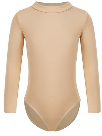 iiniim Fleece gymnastikdräkt för flickor, långärmad balettdräkt stående krage/rund hals, gymnastik, leotard balett, tröja, dansbody, En hudfärgad polotröja, 128-134