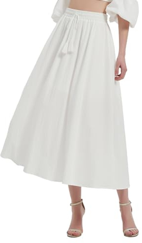BALAYSIER Gonna Lunga Donna con Tasche e Coulisse Regolabile Gonne Lunghe Estive Gonna in Stile Bohémien per Il Casual la Spiaggia Le Feste(Bianco,L)