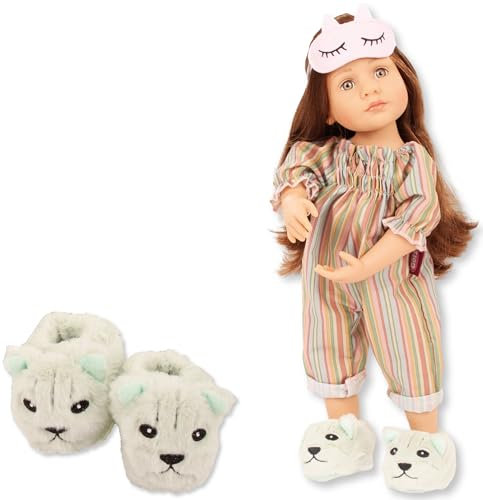 Götz 2511547 Little Kidz Puppe Gretes Slumberparty Geschenkbox - 36 cm große Multigelenk-Stehpuppe mit braunen Haaren und grauen Augen - 7-teiliges Set