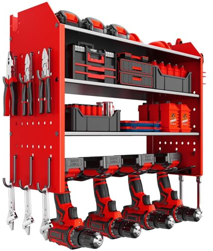 JIUNENG Support mural à 4 niveaux, rangement pour 4 outils électriques, perceuse à percussion, porte-outils pour garage et atelier, rouge