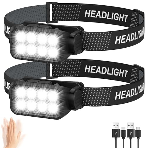 Head Torch Rechargeable 2-Pack, 8 LED 2500L Super Bright Headtorch with Motion Sensor, Waterproof & 10 Light Modes Headlamp Headlight, Long Runtime Head Lamp for Kids & Adults Camping Running Fishing