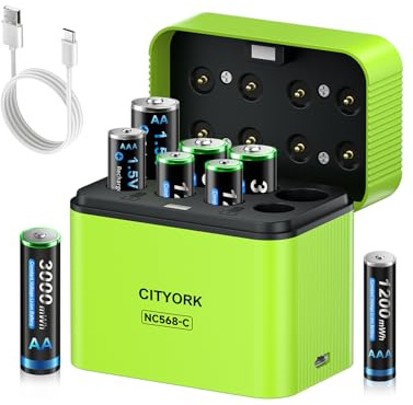 CITYORK AA AAA uppladdningsbara litiumbatterier 1,5 V med laddare, 4 x AA-batterier 3 000 mWh + 4 x AAA-batterier 1 200 mWh med integrerad laddningsförvaringslåda