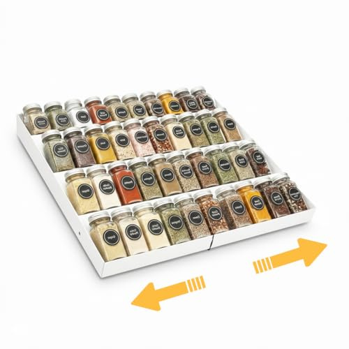 GOENDR Organizador de cajones de especias, estante de metal expandible de 4 niveles para cajón, inserto ajustable para cajones de especias para cajones de 11.4 a 22.8 pulgadas, gran capacidad para