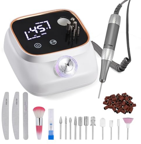 Torno para Uñas Profesional, 45,000 RPM Lima Electrica Uñas Profesional, Kit 11 Fresas Brocas, 56 Tiras Abrasivas, Pantalla táctil LCD, Quitar Acrílico Gel/Esmalte/Callos, para Uso Doméstico Salones