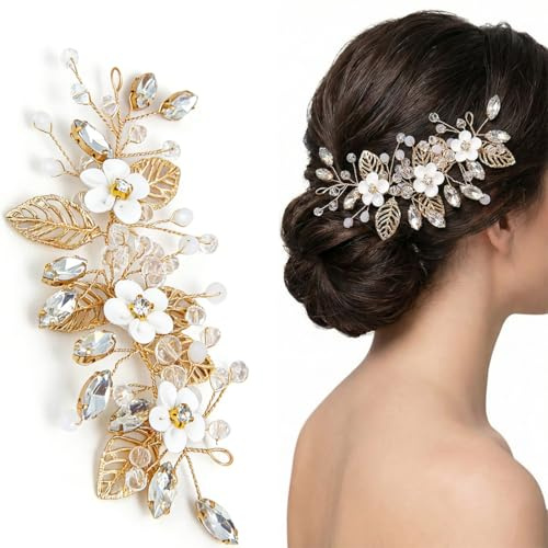 ZOMKIFA Peineta para Novia con Adornos de Flores, Accesorios de Pelo Elegantes para Boda, Peinetas Decorativas para Mujeres y Niñas (Oro)