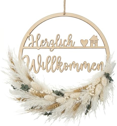 Xinnun Türkranz Trockenblumenkranz Herzlich Willkommen Schild,Haus