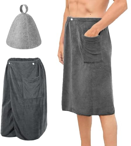 Gansdnek Toalla de Sauna para Hombre con Gorro para Sauna, Kilt de Secado Rápido, Ajustable, 70 x 140 cm, de Secado rápido, Ideal como Toalla de Sauna para Hombre o Toalla de Ducha (Gris)