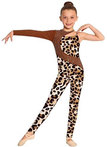 Chaoyinn Tuta Intera da Ginnastica Artistica Bambina Body Danza Classica Moterna Monospalla Leotards Body da Pattinaggio Artistico Bodysuit Tutina Elegante Leopardo 13-14 anni