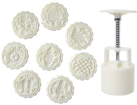 Juego de 8 moldes para tartas de luna de ABS con 8 diseños tradicionales operados a mano para pasteles y pasteles de frijoles de 100 g, base de acero inoxidable, moldes para hornear ABS