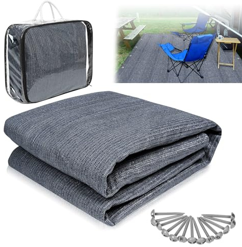 YUENFONG Förtältmatta, campingmatta, markismatta, matta, tältmatta av HDPE med öljetter och tältpinnar, tvättbar halkfri, för utomhus, camping, inomhusspel, grå, blå