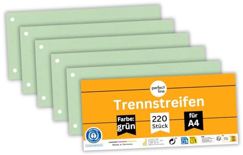perfect line - 220 Trennstreifen für Ordner A4, Trennblätter aus Recycling-Karton, Farbe Grün, gelocht, Made in Germany, Blauer Engel zertifiziert