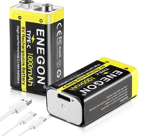 ENEGON 2 Pilas de Bloque de 9 V Recargables con Capacidad de 1000 mAh y Cable de Carga USB C 2 en 1, baterías de Alto Rendimiento Ideales para detectores de Humo, Guitarras eléctricas, detectores de