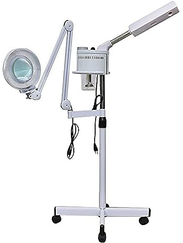 Professional Facial Steamer & Magnifying Lamp Combo - Facial Skincare Beauty Salon Spa Equipment with Rolling Stand and LED Light for Manicure & Makeup - 5X Magnification