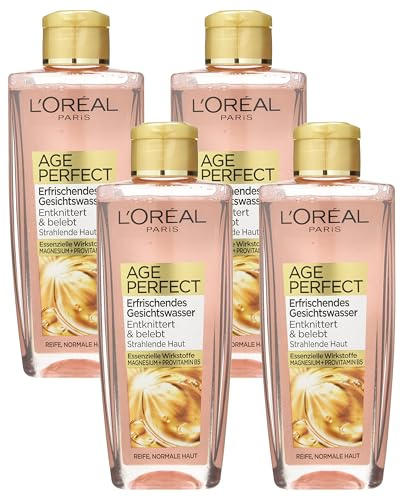 L'Oréal Paris Gesichtsreinigung, Erfrischendes Gesichtswasser zur Reinigung und Pflege, Für reife Haut, Age Perfect, 1 x 200 ml (Packung mit 4)