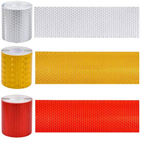 Ruban Réfléchissant Autocollant 5cm x 3m, 3 Rouleaux de Bande de Sécurité Imperméable Ruban de Signalisation Haute Visibilité pour Véhicules Voitures Vélos Remorques Casques Blanc Rouge Jaune