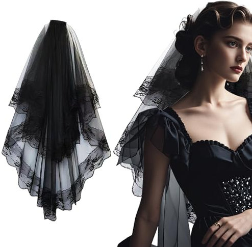 Vxcbad Schleier Schwarz Schleier Spitze Brautschleier für Hochzeiten, Karneval, Halloween, Hochzeit