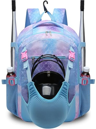 FOKDUVB Baseball Softball Backpack for Kids Boys Girls 6-8 8-12 12-14 Large Youth Bat Bag for Gear Storage Baseball Softball Tball Equipment Back Pack with Separate Shoe Bag (Blue/Purple, Mermaid)