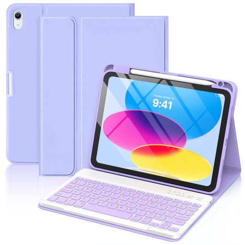 Coque Clavier pour iPad 11e Génération A16 2025/10e Génération 10,9 Pouces 2022, Coque de Protection avec Porte-Crayon, AZERTY Clavier Français Détachable Sans Fil pour iPad 11/10.9''(Violet Léger)