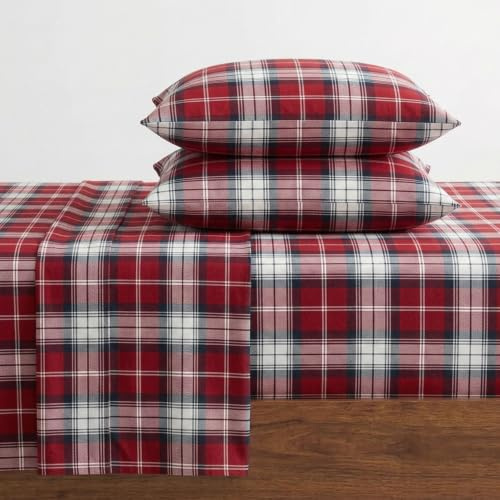 Eddie Bauer - Set di biancheria da letto king size, in flanella di cotone con federe abbinate, spazzolato per una maggiore morbidezza, tasca profonda, certificato Oeko-Tex (Heartland Plaid Red)