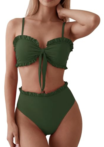 OUSIMEN Dam axelbandslös bikiniset Bandeau baddräkt volang trim detalj hög midja baddräkt, Armégrön, L