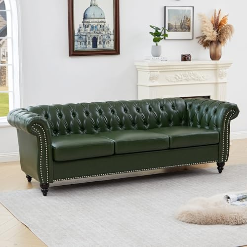 ORRD Chesterfield Sofa Leather, Modern Faux PU Tufted Couch 3 Seater with Rolled Arms and Nailhead for Living Room, Bedroom, Office, Apartment (Green)