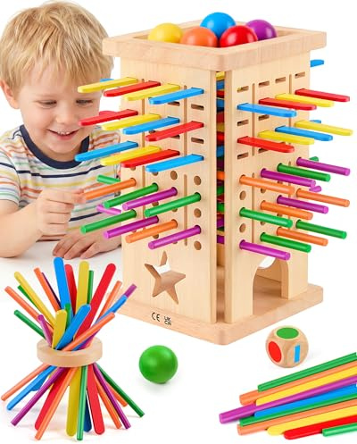 Giochi di Società per Bambini 3-6 Anni, Giocattoli Montessori in Legno con 42 Bastoncini (Piatti & Rotondi), 6 Palline e Dadi, Gioco Educativo per la Motricità Fine, Regalo da Viaggio per Famiglia
