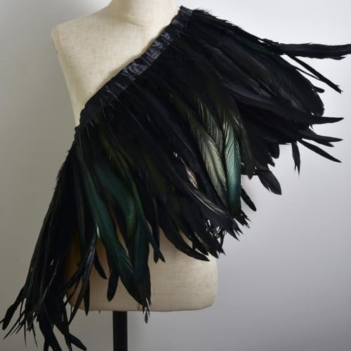 QBilooty Flecos de Plumas de Coda de Gallo con Cinta de Satén, 2 Metros Largo y 28-33cm Ancho, Plumas Naturales para Costura, Disfraces, Carnaval, Halloween, Boda y DIY Artesanía (Negro)