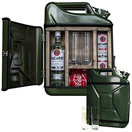 mikamax – Jerrycan Mix Drink Bar 20L – Whiskey Bar – Mobile Bar – Benzinkanister bar – Grün – 20 Liter – Holz und Metall – 46.5 x 34.5 x 14 cm