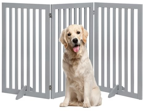 unipaws 36 H Free Standing Pet Gate for Dog Cat, Tall Wooden Dog Gates for Doorway, Stairs, Foldable Pet Fence for The House, Expandable Barrier, Indoor Use, Grey