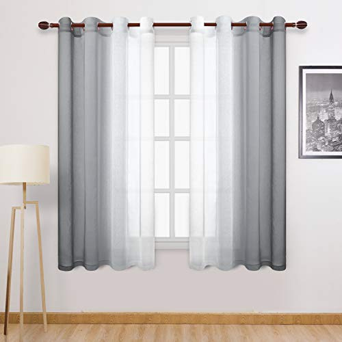 DWCN Grey Ombre Sheer Curtains - Faux Linen Semi Voile Gradient Bedroom and Living Room Curtains, Set of 2 Grommet Top Window Drape Panels, 52 x 63 Inch Length