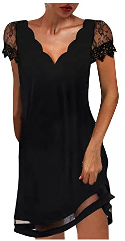 Ni_ka Robe Femme Sexy Dentelle Robes Col V Manches Courtes Dresses Chic Et Glamour Casual Dress Summer Noir,Ni_kadress44623,XL