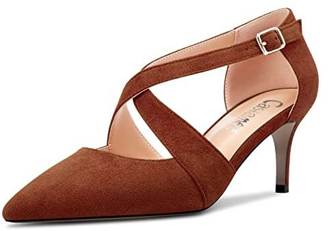 Castamere Femmes Mi Aiguille Talon Heel Pointu Bout Escarpins Lanières Croisées Sexy Classique 6.5 CM Heels Marron Suède A 40 EU