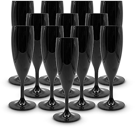 DOJA Barcelona | Copas de Champagne 160 ml | Pack 12 | Flauta Negras | 195x68x2 mm | Plástico Duro Policarbonato | Reutilizable | para Novios Boda, Champán