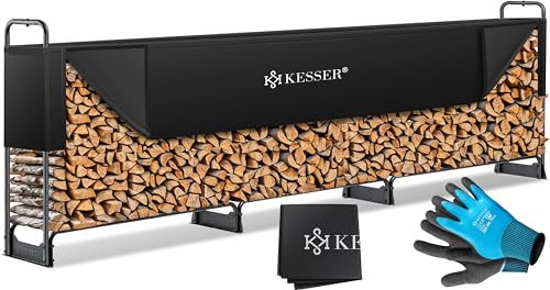 KESSER® Kaminholzregal Metall 390x36x117cm Brennholzregal außen Stahlrahmen + Abdeckung & Handschuhe Kaminholzunterstand 590kg Wasserdichter Holzlager Holzstapelhilfe für Garten Terrasse