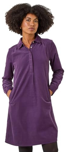 Roman Originals Womens Corduroy Tunic Shirt Dress - Ladies Autumn Everyday Winter Holiday Long Sleeve Soft Pockets Comfy Cuffs Frock Knee Length Gowns - Purple - Size 18