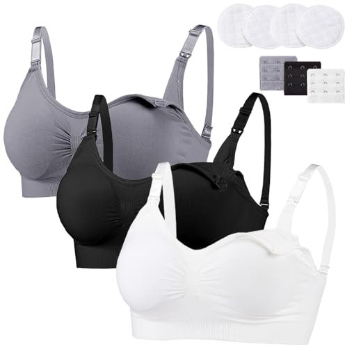 Bysion Still BH Damen Schwangerschaft Atmungsaktivem Still-BHS Ohne Bügel Nahtlose Tag und Nacht Still-BH Mit Abnehmbaren Untersetzer Camisole Top für Mutterschaft - 3er Pack