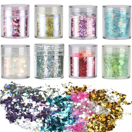 Glitzerpulver Set, 8 x Glitzer Pulver Glitter Bunte Glitzerpuder zum Basteln Glitzer für Make-up Karten Nagelkunst Party DIY Musik Festival