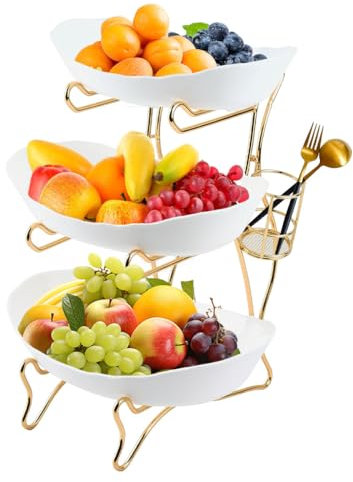 USENG Obst Etagere Obstschale mit 3 Etagen,Obstteller mit Regal für Gabel,Obstkörbe Obstschale Etagere Gemüsekorb Gemüse Regal,Abnehmbar Obst Halter Aufbewahrung Gemüse Snack Süßigkeit Sushi Brot Korb