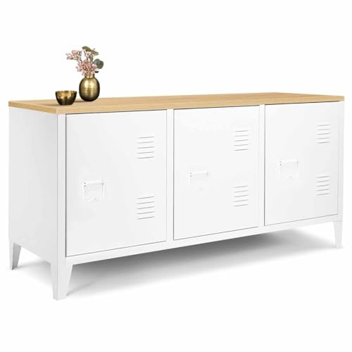 IDMarket - Credenza bassa ESTER 113 cm con 3 ante in metallo bianco e piano in legno dal design industriale