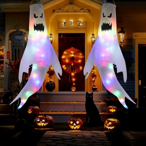 MplehDa Manica a Vento Fantasma di Halloween, 2 Pezzi, Multicolor, Luce LED, Decorazione per Halloween