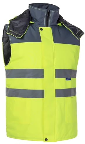 Oralidera Homme Gilet de Travail à Bandes Réfléchissantes Rembourré Manteau de Travail Réfléchissant sans Manches Haute Visibilité Gilet d'Hiver Chaud avec Capuche, Vert+Gris, L