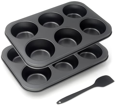 Bakexcel Non-Stick Jumbo Muffin Pans, 6-Cup Set of 2 Baking Pans with a Spatula for Extra-large Muffins & Cupcakes