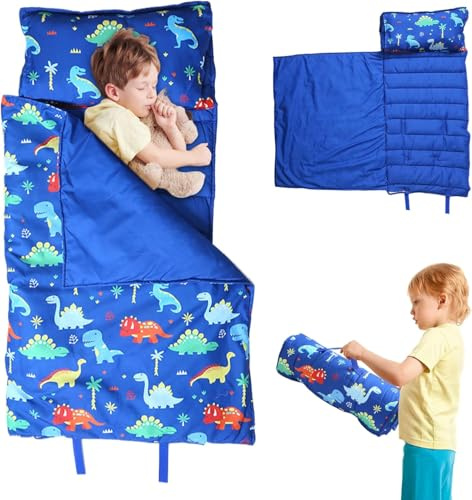 Sac De Sommeil Portable pour Enfant, Tapis De Sieste avec Oreiller Et Couverture, Tapis De Couchage Thermique Anti-Kick avec Poignée pour La Garderie Préscolaire (Dinosaure)