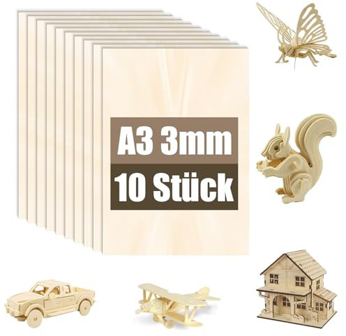 10 Piezas Tablero de Contrachapado de Tilo A3 3mm, Madera de Tilo para Modelismo, Corte Láser, Grabado, Tablas de Madera para Manualidades, Madera para Láser y Proyectos DIY(10,A3(420 * 297 * 3mm))